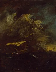 嵐の中の2隻の船（パネルに油彩、図面としてマウント）